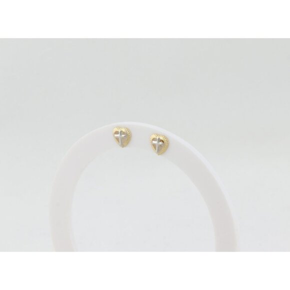 14k Yellow Gold & White Gold Heart Cross Earrings Stud Post 1/4" Round - Picture 9 of 9